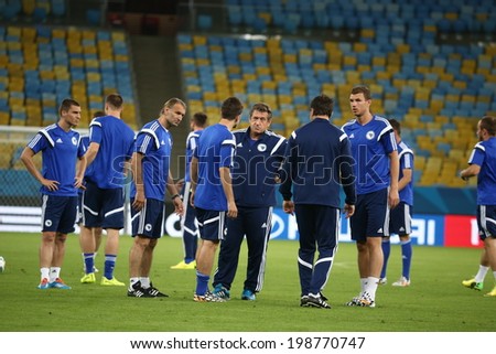 Rio de Janeiro, BRAZIL - June 14, 2014: The Bosnia national football team practicing at Maracana  training center in preparation for the 2014 World Cup soccer tournament. No Use in Brazil.