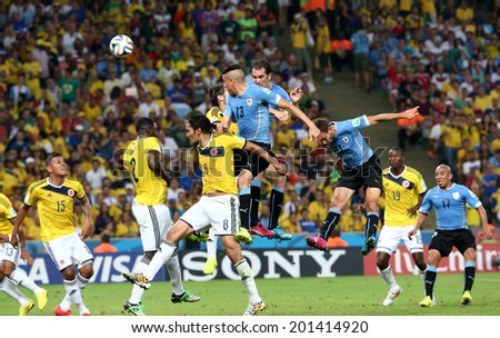 RIO DE JANEIRO, BRAZIL - June 28, 2014  World Cup Round of 16 game between Colombia and Uruguay at Maracana Stadium. No Use in Brazil.