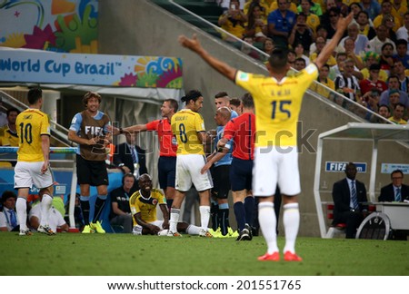 RIO DE JANEIRO, BRAZIL - June 28, 2014 World Cup Round of 16 game between Colombia and Uruguay at Maracana Stadium. No Use in Brazil.