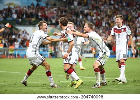 RIO DE JANEIRO, BRAZIL - July 13, 2014:  Mario Gotze after scoring a goal at the World Cup Final game between Argentina and Germany at Maracana Stadium. NO USE IN BRAZIL