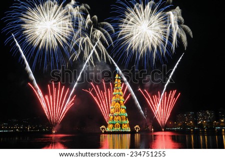 Rio de Janeiro-Brazil ,november 30, 2014 Christmas tree in Rodrigue de Freitas lagoon, in the south of the city of Rio de Janeiro