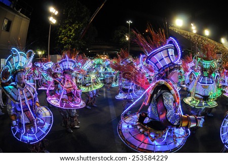 RIO DE JANEIRO, BRAZIL - FEBRUARY 16, 2015: Rio Samba School Unidos da Tijucaperform at at Marques de Sapucai known as Sambodromo, for the Carnival Samba Parade competition