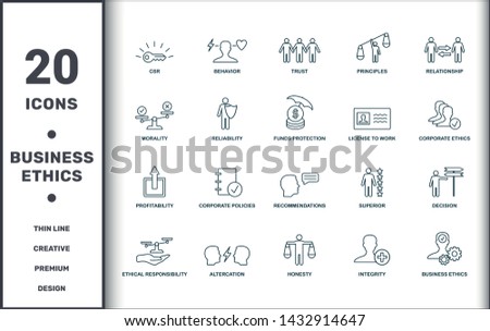 Business Ethics icons set collection. Includes creative elements such as Csr, Behavior, Trust, Principles, Relationship, Corporate Policies and Recommendations premium icons.