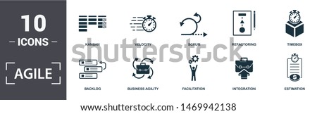 Agile icon set. Contain filled flat Backlog ,Business Agility ,Estimation ,Facilitation ,Integration ,Kanban ,Refactoring ,Scrum ,Timebox ,Velocity icons. Editable format.