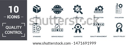 Quality Control icon set. Contain filled flat correction, certified, quality management, quality policy, production, standard, product, evaluation icons. Editable format.