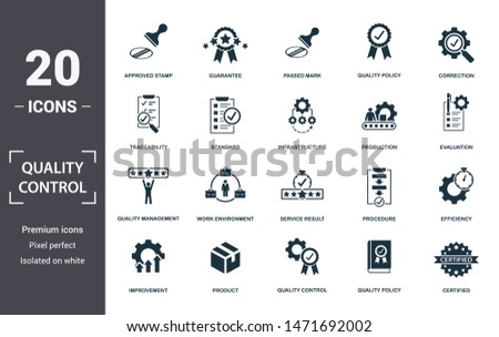 Quality Control icon set. Contain filled flat correction, efficiency, infrastructure, quality policy, traceability, production, guarantee icons. Editable format.