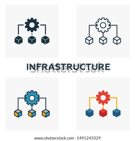 Infrastructure icon set. Four elements in different styles from community icons collection. Creative infrastructure icons filled, outline, colored and flat symbols.
