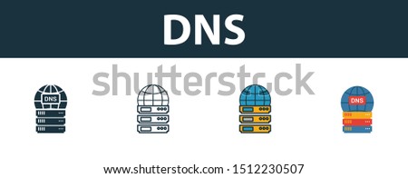 Dns icon set. Four elements in diferent styles from web hosting icons collection. Creative dns icons filled, outline, colored and flat symbols.