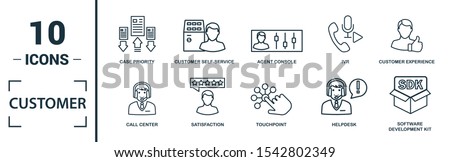 Customer Service icon set. Include creative elements agent console, case priority, satisfaction, helpdesk, knowledge base icons. Can be used for report, presentation, diagram, web design.