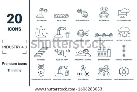 Industry 4.0 icon set. Include creative elements automation, data management, business intelligence, horizontal integration, osi model icons. Can be used for report, presentation, diagram, web design.