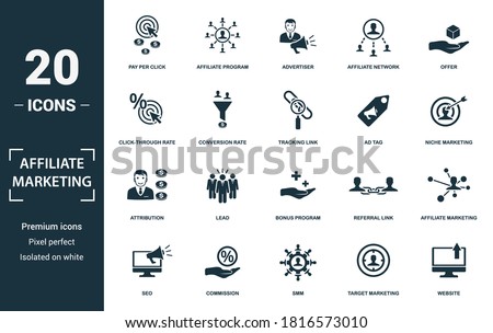 Affiliate Marketing icon set. Collection of simple elements such as the pay per click, affiliate program, advertiser, affiliate network. Affiliate Marketing theme signs.