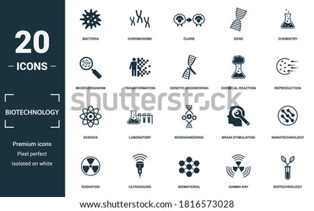 Biotechnology icon set. Collection of simple elements such as the bacteria, chromosome, clone, gene. Biotechnology theme signs.