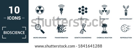 Bioscience icon set. Collection of simple elements such as the gene, chemistry, micro-organism, transformation. Bioscience theme signs.