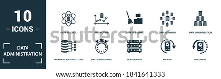 Data Administration icon set. Collection of simple elements such as the system monitoring, distributed database, database architecture, fast processing. Data Administration theme signs.