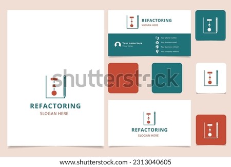 Refactoring logo design with editable slogan. Branding book and business card template.