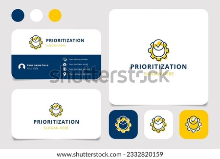 Prioritization logo design with editable slogan. Branding book and business card template.