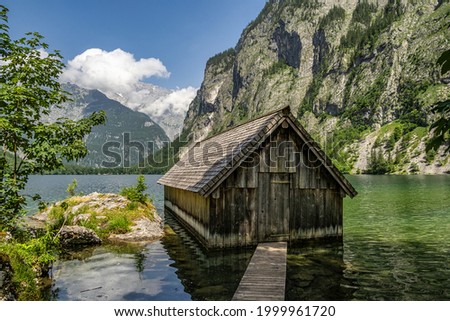 Boathouse at Obersee Lake behind the Watzmann massif, Salet at Koenigssee, Berchtesgaden National Park, Bavaria, Upper Bavaria, Germany, Europe Photo stock © 