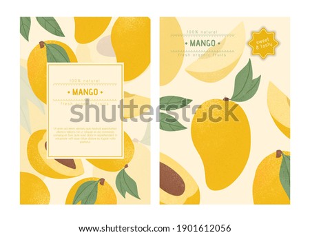 Ripe mango with leaves card template. Sweet mango fruits vector hand drawn poster design. Mango with leaf. Juice or jam poster concept.