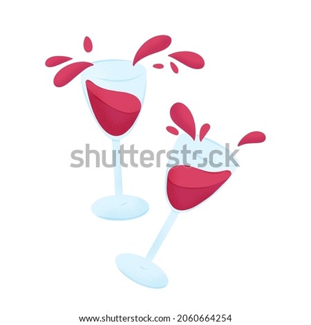 Two wine glasses full of red wine. Splashes of red wine vector hand drawn illustration isolated on white background. Alcohol splashing. Textured elements for restaurant, bar, or pub design.