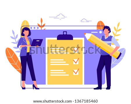 Month planning, to do list, time management. Woman and man standing near large computer monitor and working with data. Flat concept vector illustration, isolated on white