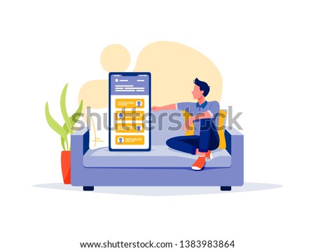 Social networks, chatting, dating app. Young man are sitting with big smartphone on the sofa and talking to phone. Flat vector concept illustration isolated on white