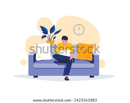 Young man is sitting with laptop on the sofa at home. Working on a computer. Freelance, online education or social media concept. Vector illustration isolated on white
