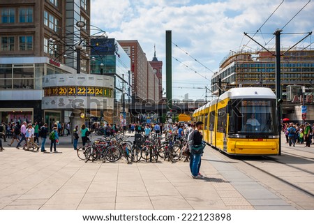 BERLIN - APRIL 30: World Clock in Alexanderplatz on April 30, 2014 in Berlin. The clock that displays the time of the main cities around the world was inspired to the ancient Jens Olsen\'s world clock.