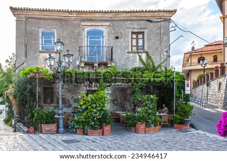 Forza d\'Agro, Italy - July 10, 2014: Bar Vitelli in Savoca was the location for the scenes set in Corleone of Francis Ford Coppola\'s The Godfather. The Bar is still a functioning establishment