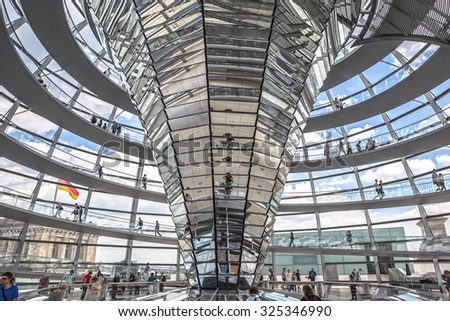 Berlin, Germany - June 29, 2015: People visit the Reichstag dome at the German parliament in Berlin, Germany. The Reichstag dome is a glass dome constructed on top of the Reichstag building in Berlin