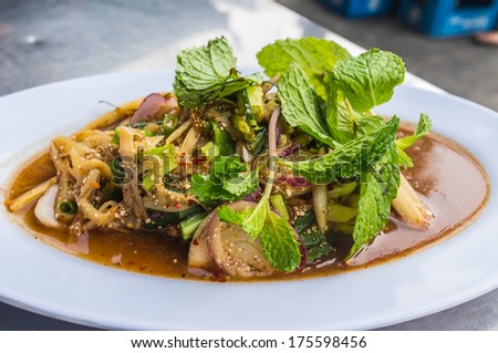 thai style bamboo shoot spicy salad served in restaurant