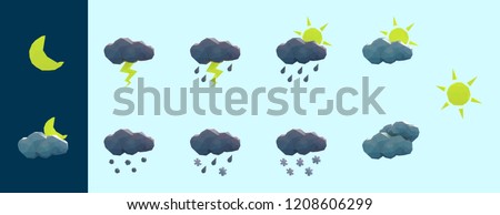 Set of Modern Weather Forecast Icons with cloud, sun, moon, rain, snow, lightning, hail. Isolated Vector Icon Pack Low Poly 3D Rendering