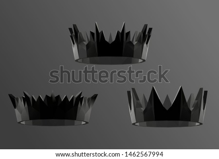 Crown in Black and White. Dark Set of Crowns. Low Poly Vector Greyscale Silhouette 3D Rendering