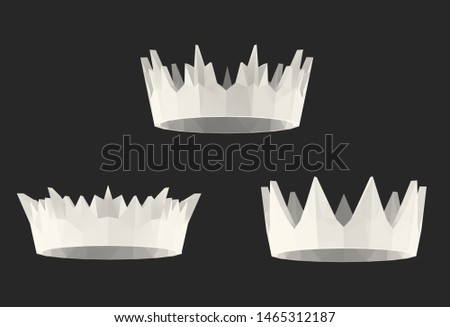 Light Crown. Set of Isolated White Crowns on Black Background. Low Poly Vector 3D Rendering