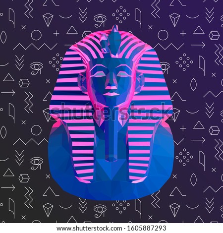 Psychedelic Vaporwave Tutankhamun Burial Mask on Retro Background. Low Poly Vector 3D Rendering