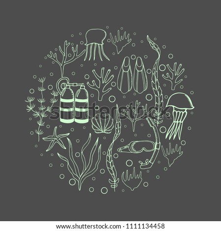 Hand drawn  background with diving and scuba equipment, sea life. Scuba-diving elements isolated. Marine symbols. Diving equipment.