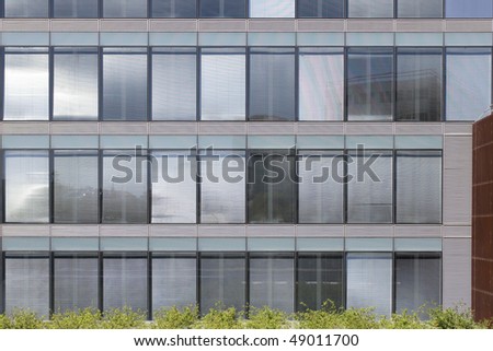 Geometric windows texture at a modern business building with a green garden
