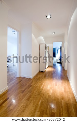 interior corridor with wood floor and furniture at a modern house