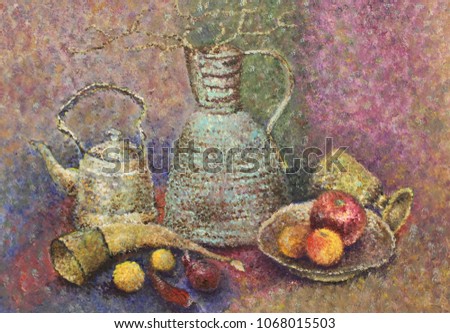 Picture. Butter. Pointillism. As an artist saw a simple still life. Its own interpretation. Stylish, vintage, antique. Old items. Aged. Coloring. Complex colors. Painting in the interior 