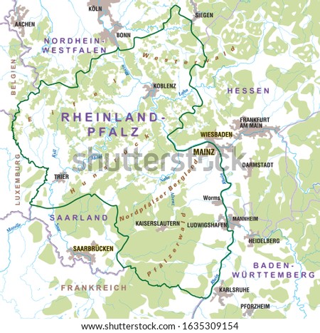 Map of the Land of Rhineland Palatinate (Rheinland Pfalz) Germany