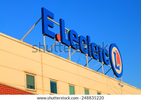 ELBLAG, POLAND - NOVEMBER 29, 2014: E. Leclerc hypermarket logo on blue sky background Elblag, Poland