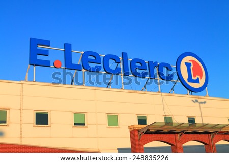 ELBLAG, POLAND - NOVEMBER 29, 2014: Logo on a blue sky background on E. Leclerc hypermarket in Elblag, Poland