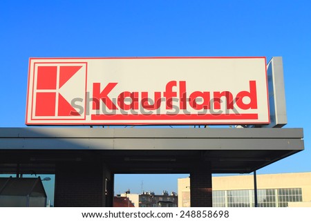 ELBLAG, POLAND  NOVEMBER 29, 2014: Logo hypermarket Kaufland against the blue sky in Elblag, Poland