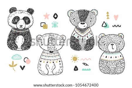 Teddy Bears Vector Set. Hand drawn Doodle Cute Baby Panda, Polar bear, Grizzly, Brown Bear. Cartoon tribal Animal Vector illustration. T-shirt print design for kids. Scandinavian style