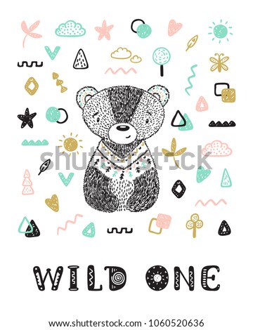 Teddy Bear with geometric memphis elements and 