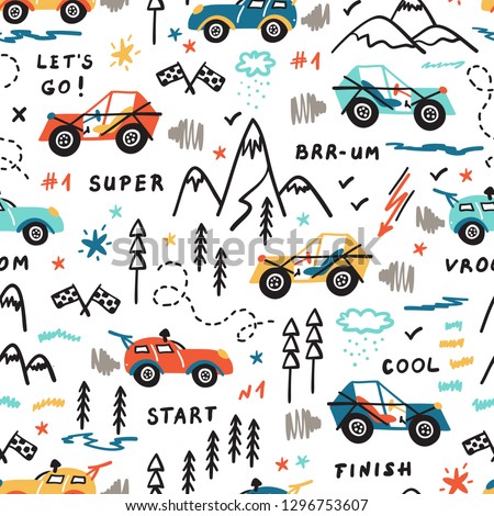 Toy Racing Cars Vector Seamless Pattern with Doodle Buggy Car and Highlands. Cartoon Transportation Background for Kids. 