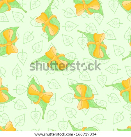 Leaves. Gifts. Leaves seamless pattern. Leaves with orange bow on a light green background. Seamless floral background.