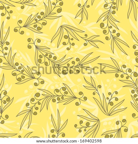 Twigs with berries. Branches with berries seamless pattern. Leaves seamless background. Floral seamless pattern.