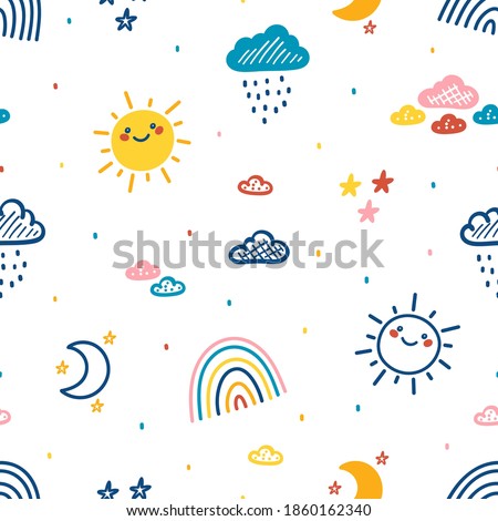 Colorful Baby Pattern with Rainbow, Sun, Rain Clouds, Moon and Stars. Sky Background.  Vector Seamless Pattern with Weather Elements. Bright Wallpaper for Kids Fashion, Nursery, Baby Shower design