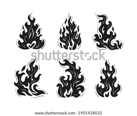 Fire Flame Silhouettes Vector Set. Black and White Fire Flames Tattoo Icons Drawing