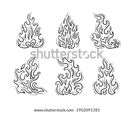 Outline Fire Flame Vector Set. Black and White Fire Flames Tattoo Icons Sketch Drawing